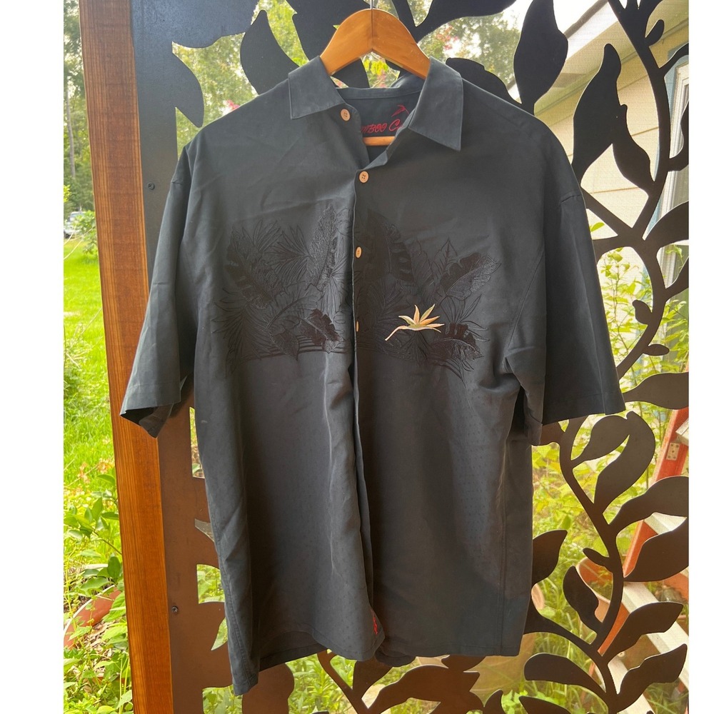 Bamboo Cay Mens Black Tropical Embroidered Bird of Paradise Camp Shirt L